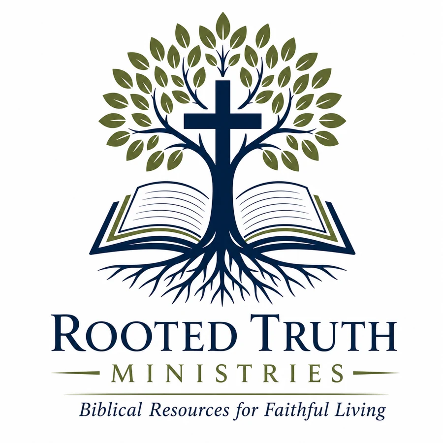 Rooted Truth Ministries logo: a cross and tree growing from an open Bible